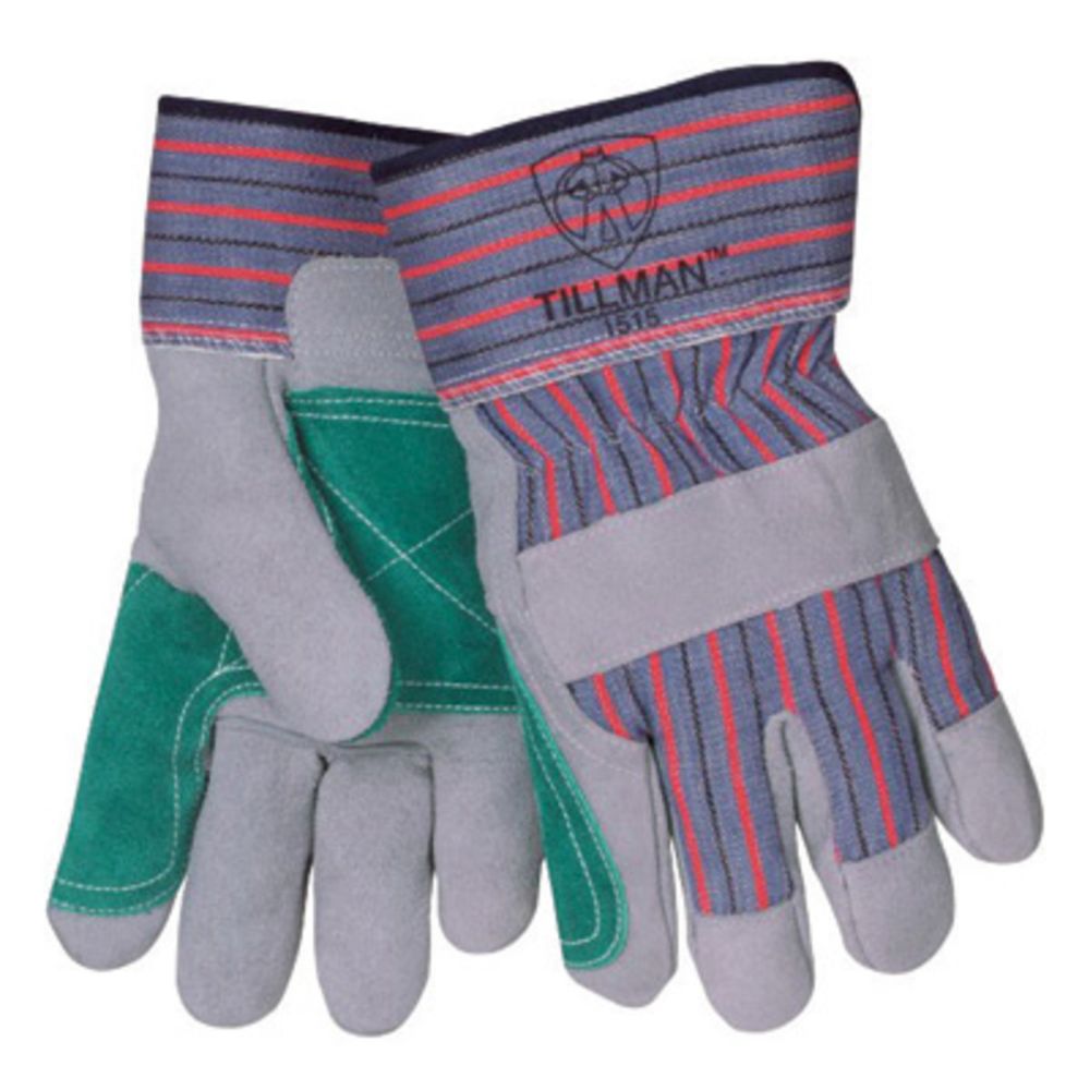Tillman Large Blue, Red, Gray And Green Double Leather Palm Gloves With Canvas Back, Rubberized Safety Cuff And Knuckle Strap-eSafety Supplies, Inc