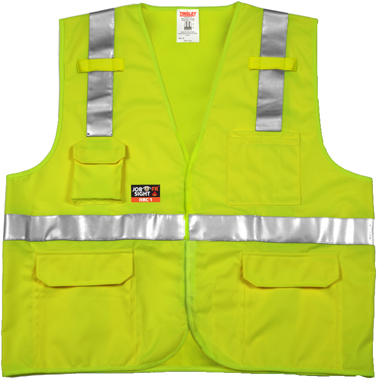 Type R Class 2 FR Surveyor Vest - Fluorescent Yellow-Green - 55% Modacrylic/45% Cotton Solid Material - Flame & Arc Resistant - FR Hook & Loop Closure - 2 Mic Tabs - 5 Exterior Pockets - 3 Interior Pockets - FR Silver Reflective Tape-eSafety Supplies, Inc