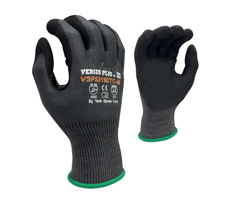 Versus Plus® - 15 Gauge Dark Blue Turnbull® shell, Black Sandy-Foam Nitrile palm coated, Reinforced Thumb Saddle, ANSI Cut A3 - Dozen