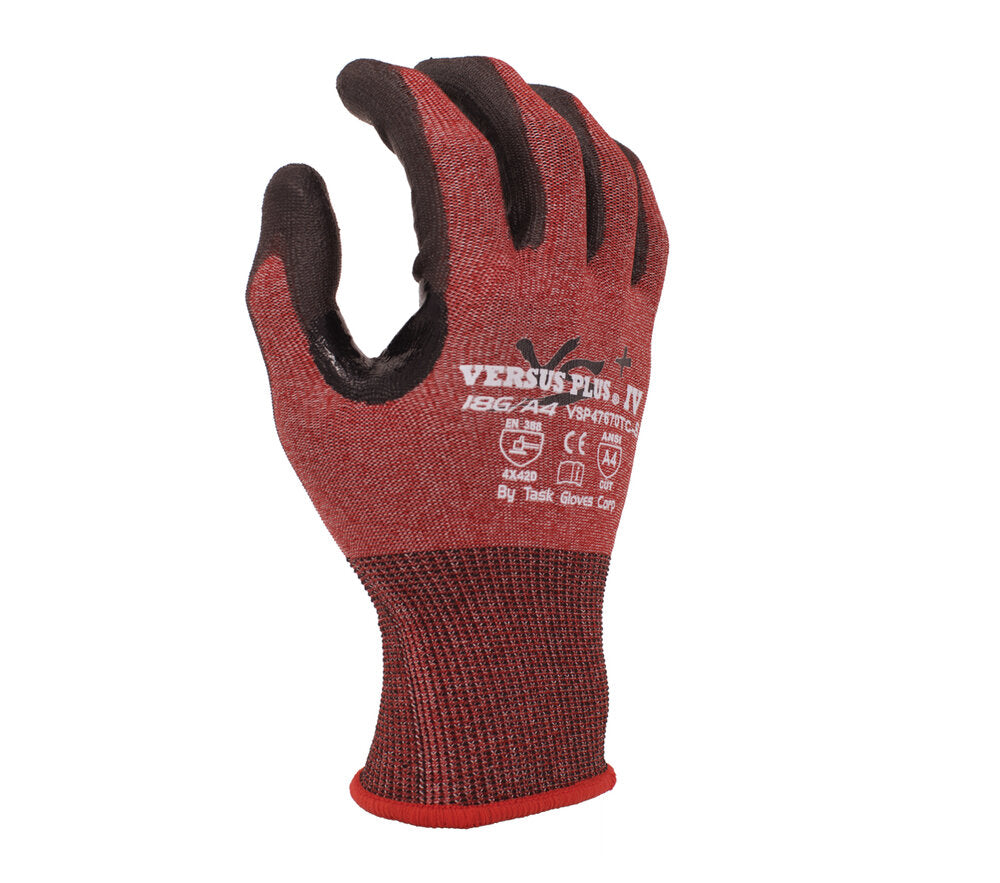 Versus Plus® - 18G Red Falstone® shell, Polyurethane palm coated, Reinforced Thumb Crotch, ANSI A4, Touchscreen compatible - Dozen