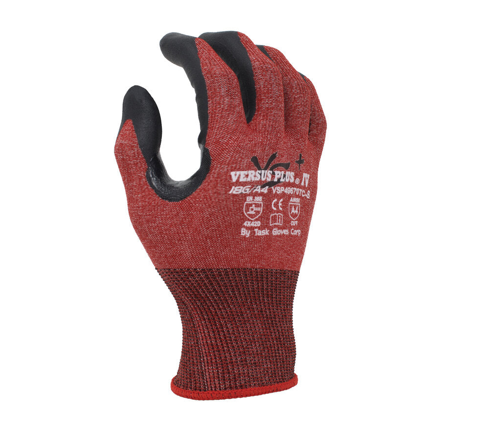 Task Gloves: Versus Plus® - 18G Red Falstone® shell, Soft-Foam Nitrile palm coated, Reinforced Thumb Crotch, ANSI A4, Touchscreen compatible - Dozen