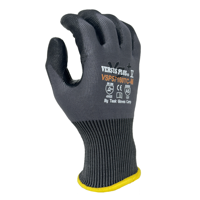 Versus Plus® - 15 Gauge Gray 80% Turnbull® yarn/20% R-PET, Gray Polyurethane Palm coated, Reinforced Thumb Saddle, ANSI Cut A5, Touchscreen compatible - Dozen