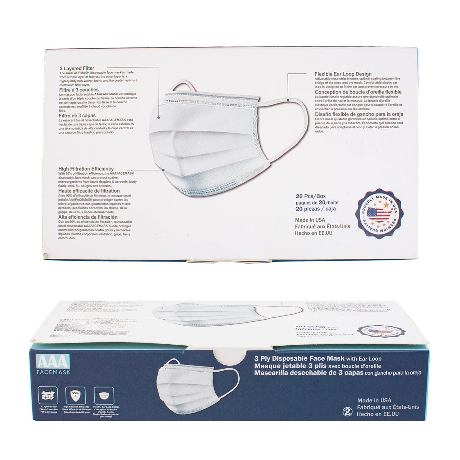 3 Layered Face Mask - 20 Masks - MADE IN THE USA-eSafety Supplies, Inc