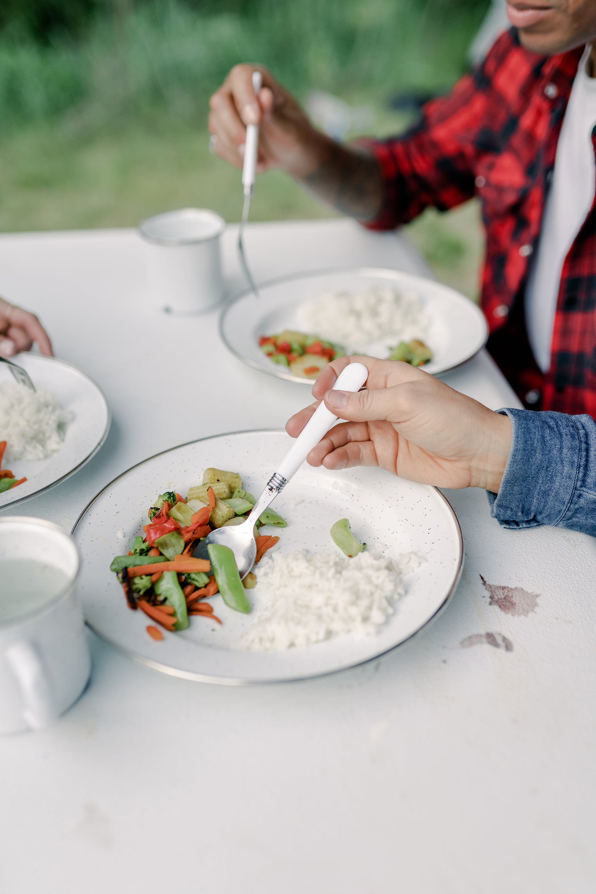 Enamel Camping Tableware Set-24 Pieces-White With Blue Specs-eSafety Supplies, Inc