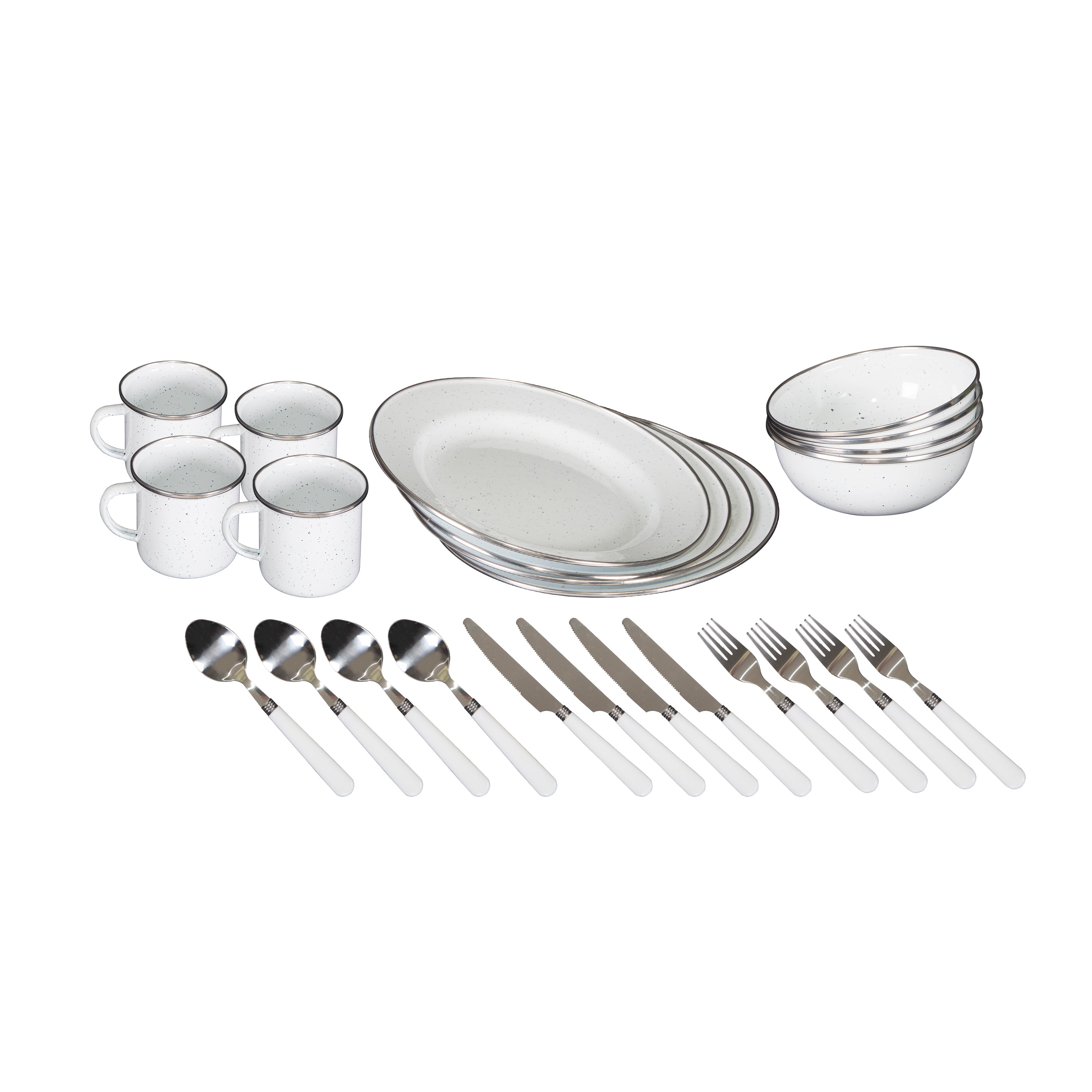 Enamel Camping Tableware Set-24 Pieces-White With Blue Specs-eSafety Supplies, Inc