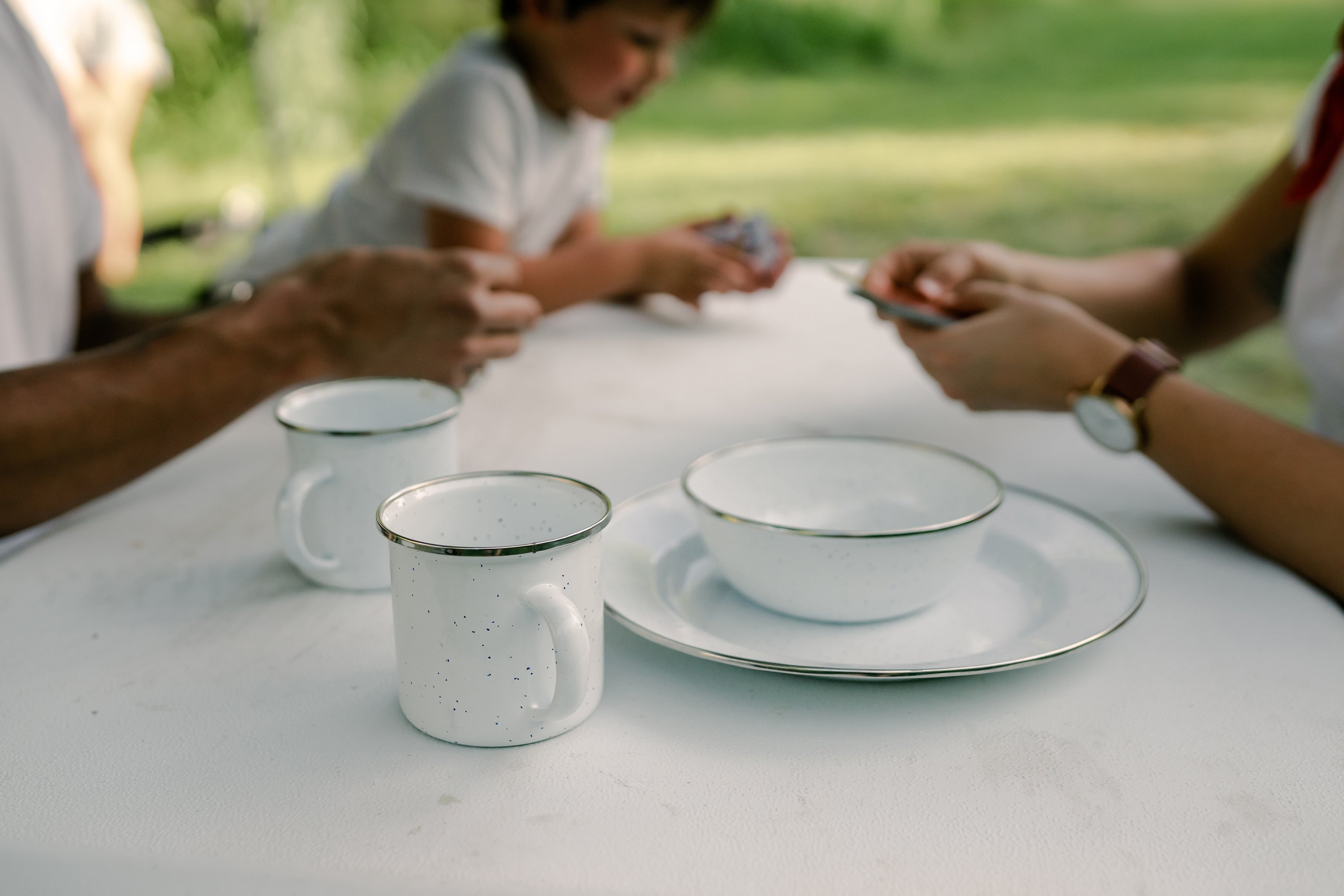 Enamel Camping Tableware Set-24 Pieces-White With Blue Specs-eSafety Supplies, Inc