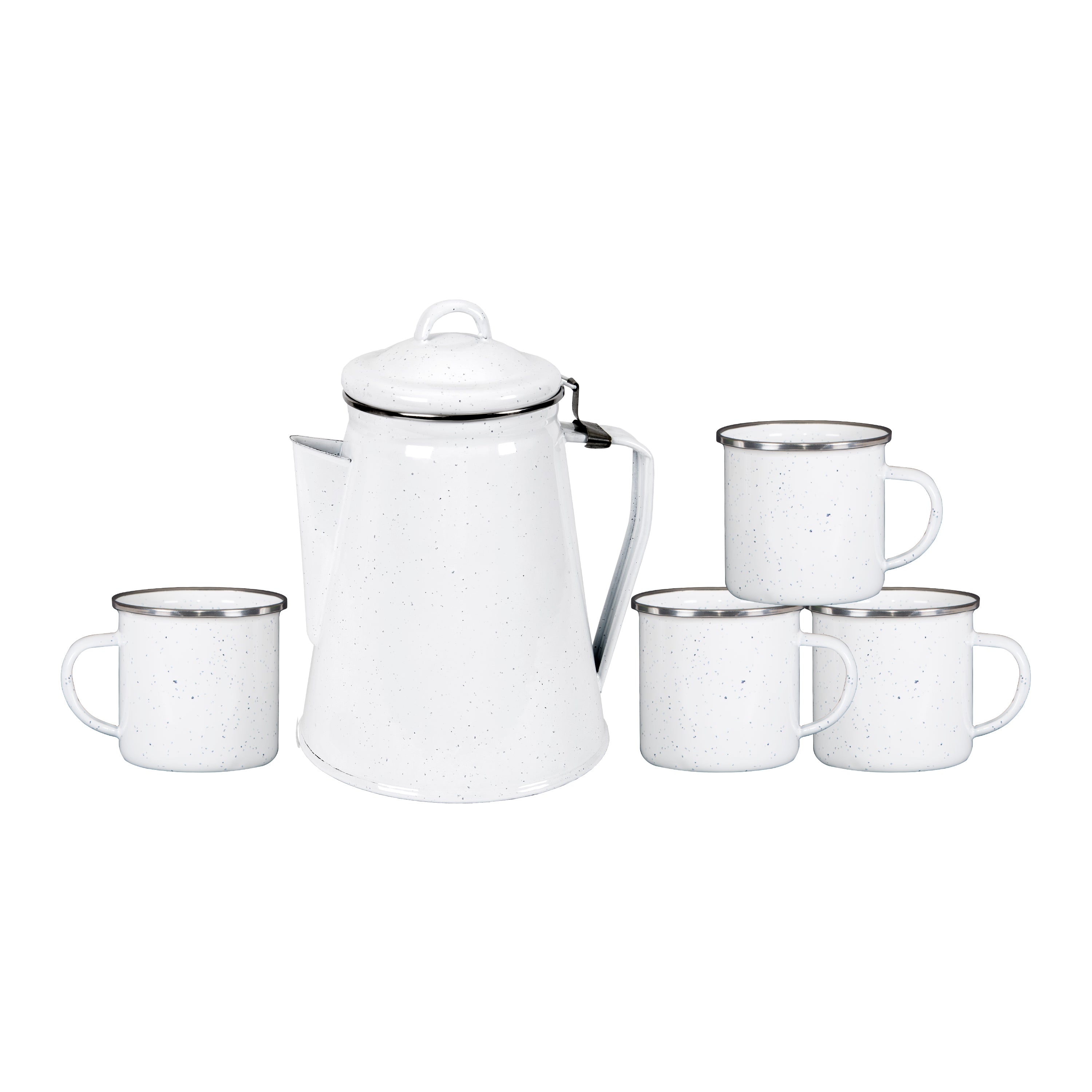 Enamel 8Cup Coffee Pot W/Perc/4-12 Oz Mugs/White W/Blue Spec-eSafety Supplies, Inc