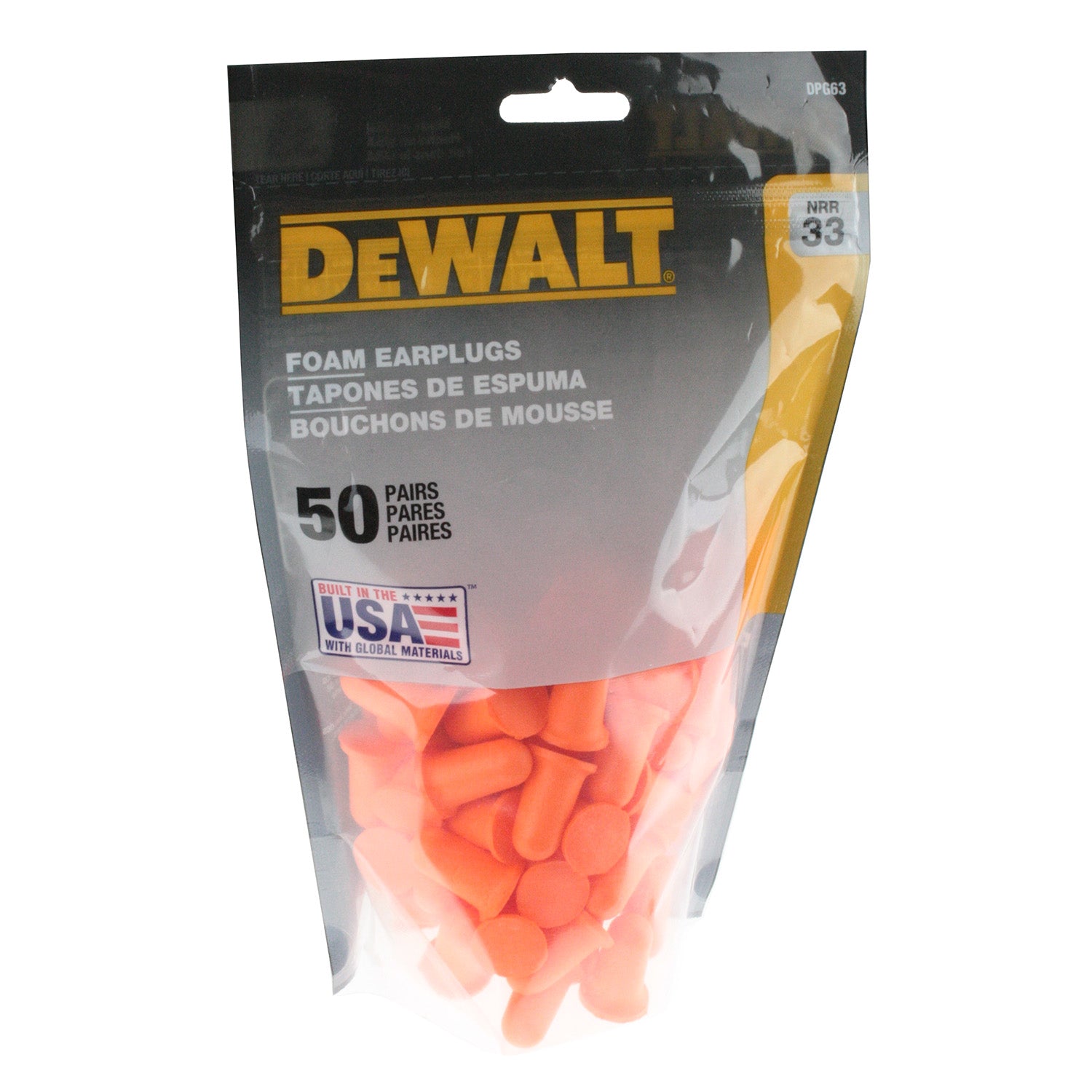 DEWALT DPG63 Orange Bell NRR33 Foam Earplugs - Uncorded - 50 Pair Resealable Bag-eSafety Supplies, Inc