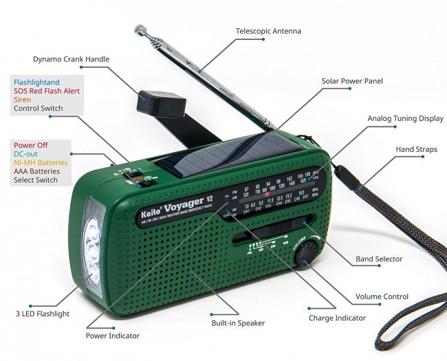Kaito Voyager V2 Portable Solar / Hand Crank AM/FM, Shortwave & NOAA Weather Emergency Radio with USB Cell Phone Charger & LED Flashlight (Green)-eSafety Supplies, Inc