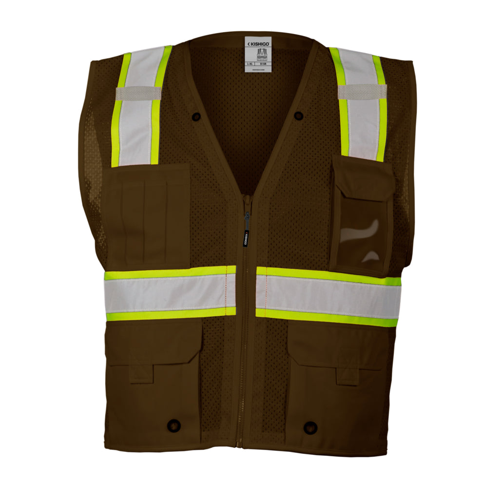 Enhanced Visibility Non-ansi Compliant Ev Series Multi Pocket Brown/lime Vest-eSafety Supplies, Inc