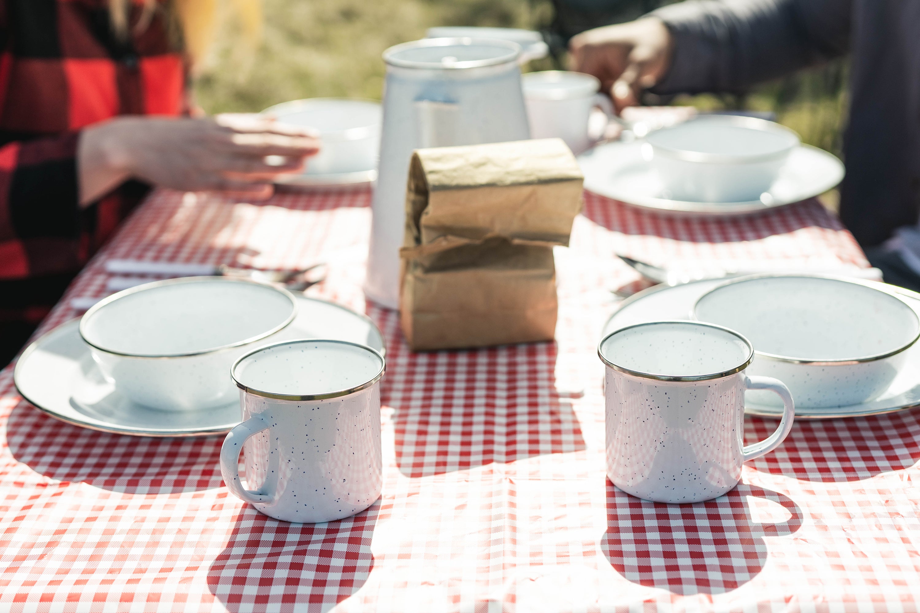 Enamel Camping Tableware Set-24 Pieces-White With Blue Specs-eSafety Supplies, Inc