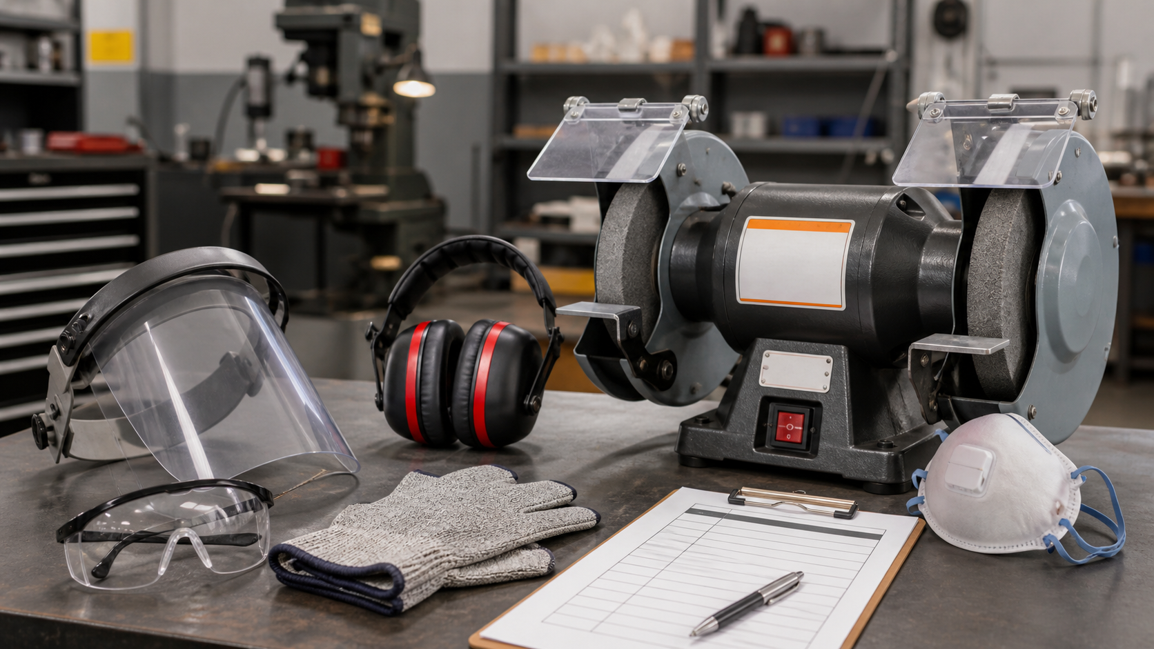 Bench grinder with guards, grinding wheel, face shield, safety glasses, gloves, hearing protection, dust mask, warning labels, and checklist