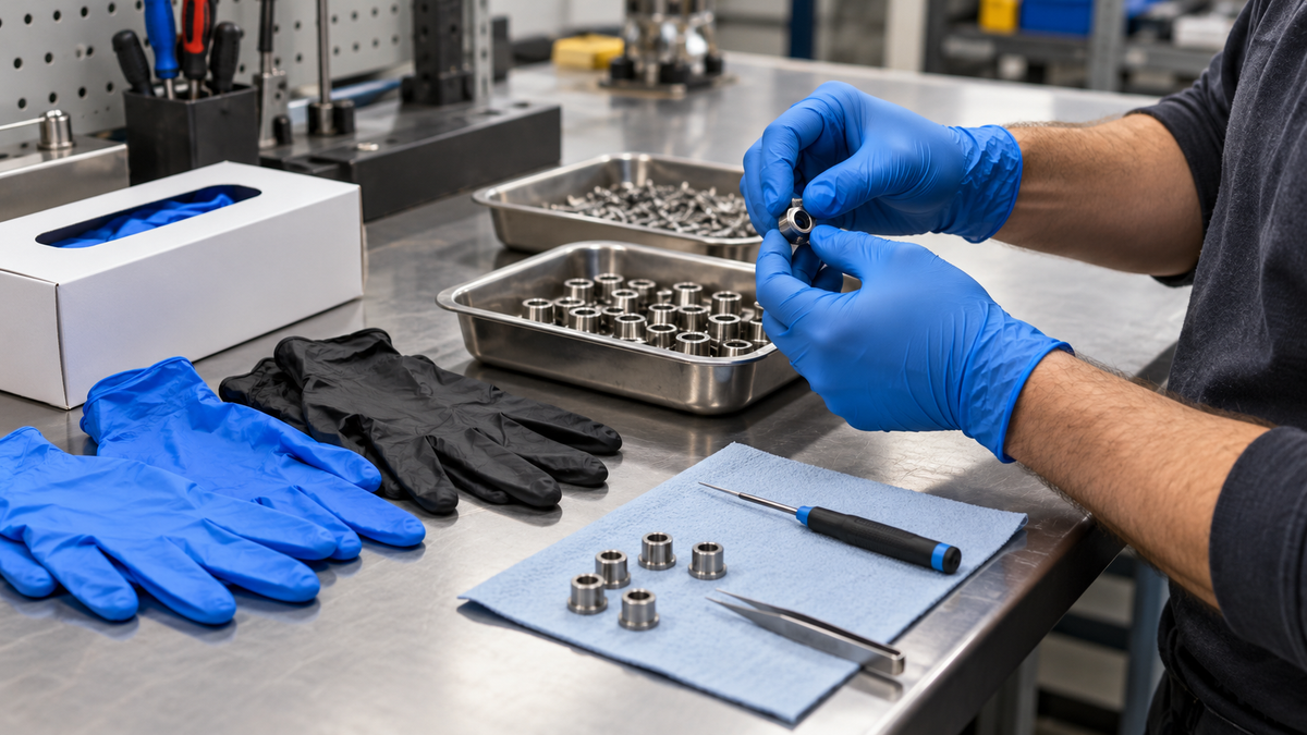 Blue nitrile gloves on a workbench during a hands-on workplace task