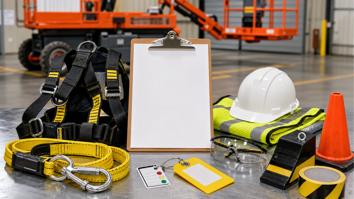 Aerial lift safety supplies including blank inspection checklist, full-body harness, lanyard, hard hat, safety glasses, high-visibility vest, wheel chock, cone, caution tag, and floor marking tape