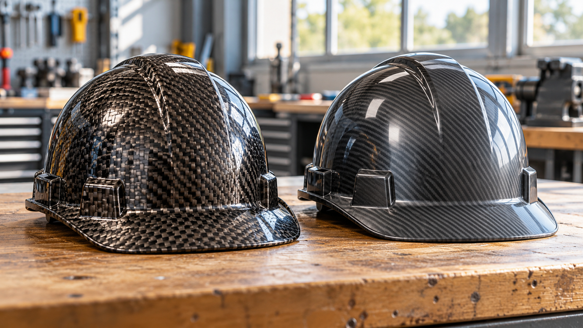 Two hard hats with carbon-fiber weave and carbon-look surface finishes on a workbench