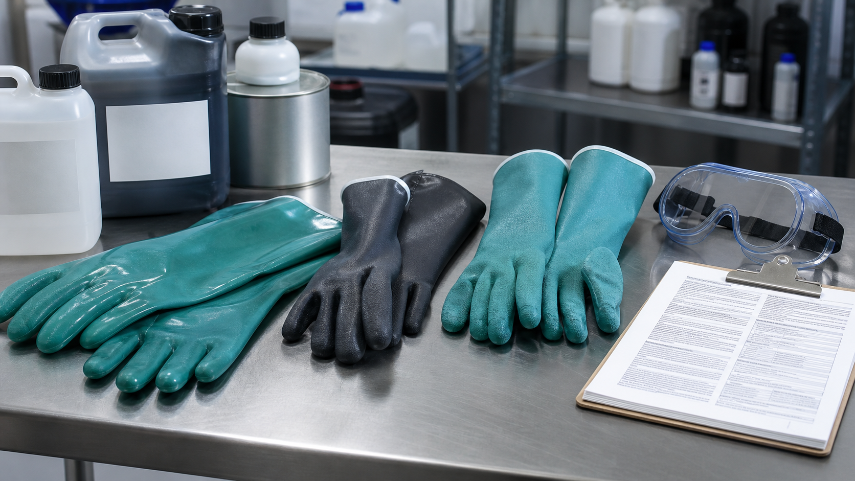 Chemical-resistant gloves, safety goggles, and SDS clipboard arranged on an industrial work table
