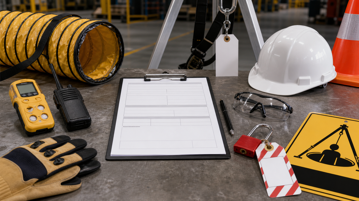 Permit-required confined space entry supplies including blank permit clipboard, multi-gas monitor, ventilation hose, rescue harness tag, radio, hard hat, safety glasses, gloves, warning sign, cone, and lockout tag