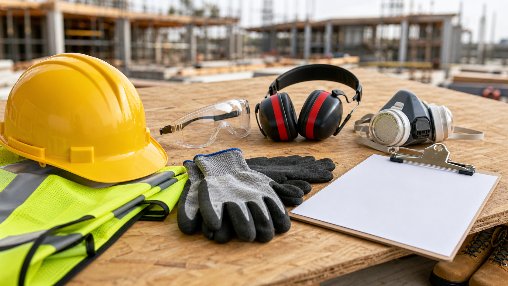 Construction PPE including hard hat, vest, safety glasses, gloves, earmuffs, and respirator on a jobsite table