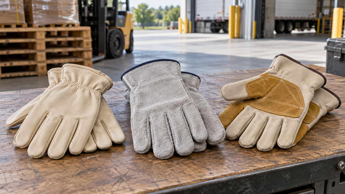 Several leather drivers work gloves showing different leather textures and palm construction