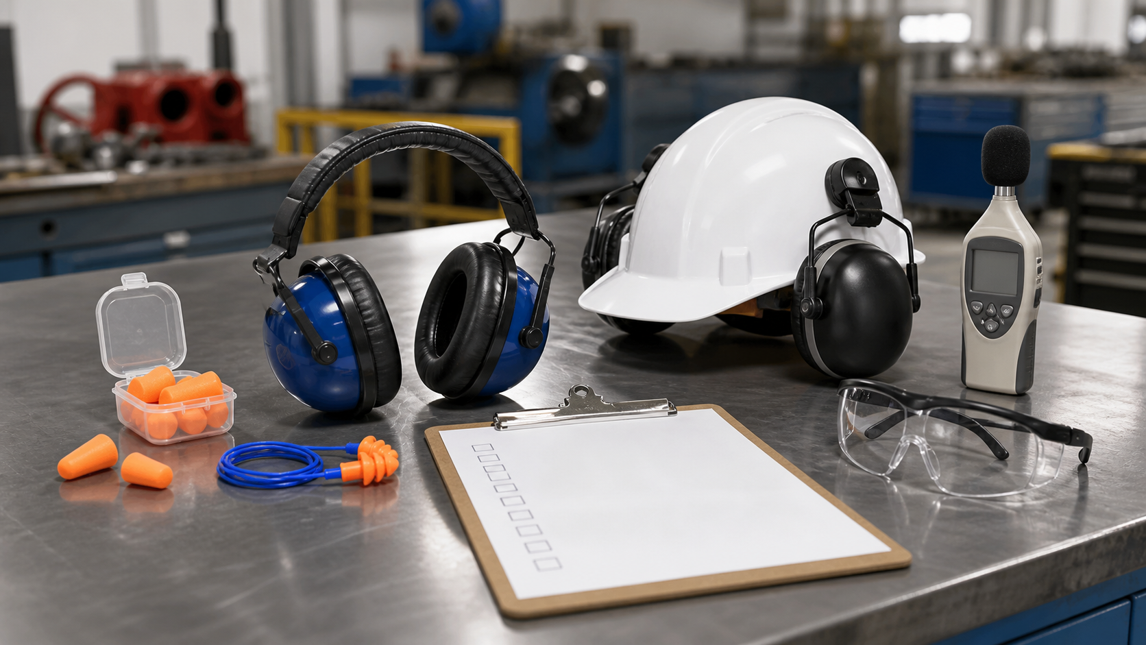 Hearing protection PPE including foam earplugs, corded earplugs, earmuffs, hard-hat mounted earmuffs, sound meter, and checklist