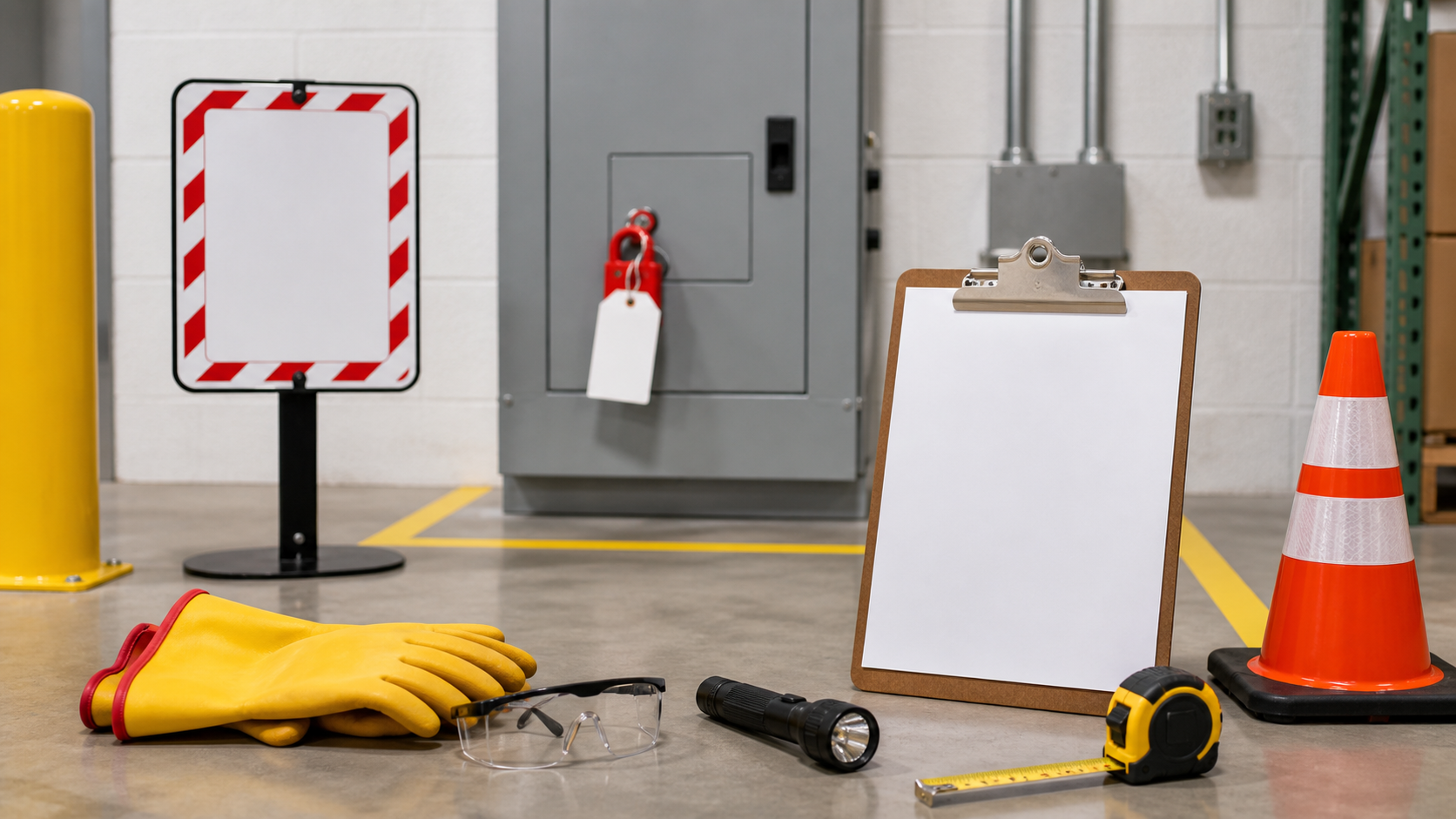 Electrical panel clearance supplies including floor marking boundary, blank safety sign, lockout tag, insulated gloves, safety glasses, flashlight, cone, measuring tape, and checklist