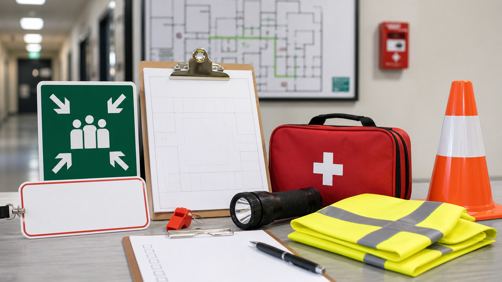 Emergency action plan supplies including blank evacuation map, assembly point sign, first aid kit, flashlight, whistle, high-visibility vest, cone, alarm pull station, and checklist
