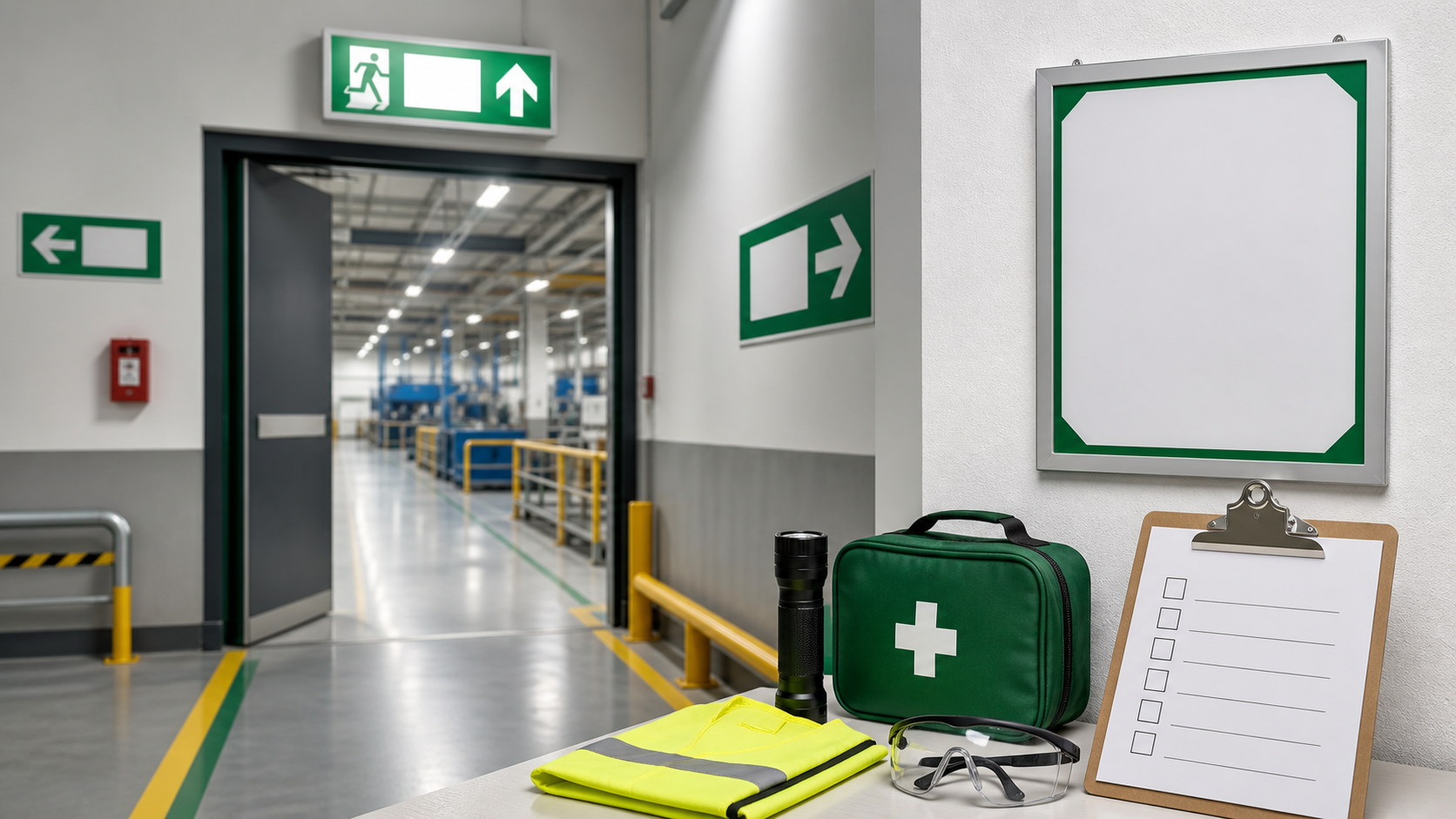 Emergency exit route signs, evacuation map frame, floor marking tape, flashlight, first aid kit, high-visibility vest, safety glasses, and checklist