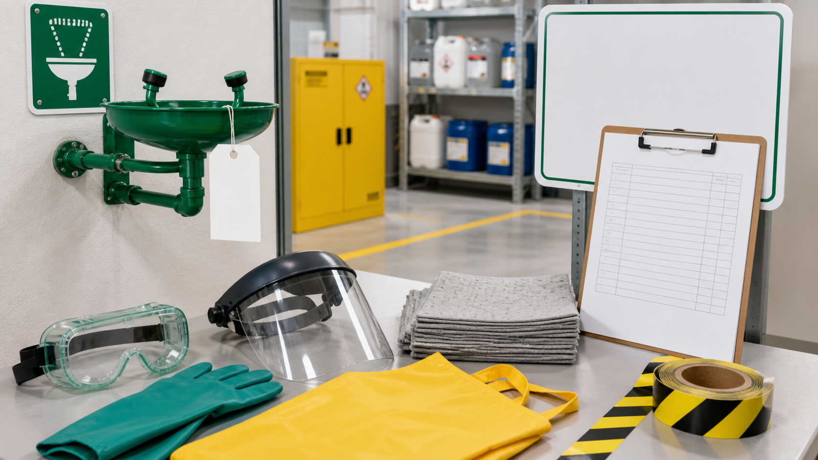Emergency eyewash station with blank inspection tag, chemical goggles, face shield, chemical-resistant gloves, apron, absorbent pads, safety sign, floor marking tape, and checklist