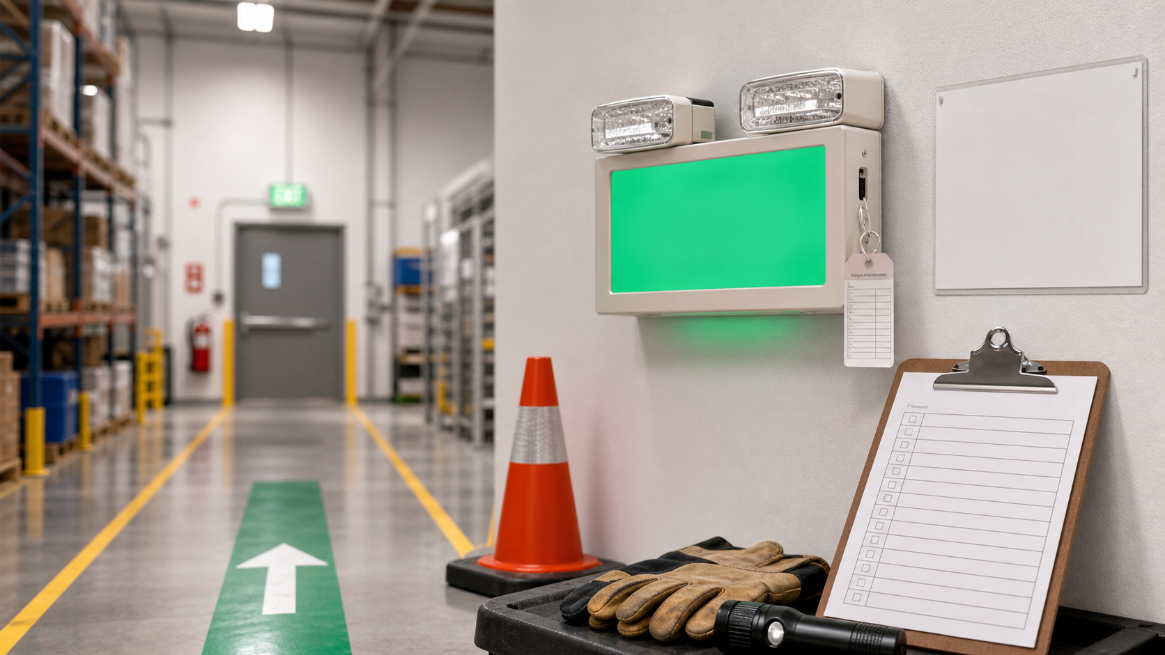 Exit route safety setup with emergency light, exit sign, floor arrow marking, cone, inspection tag, safety sign, gloves, flashlight, and checklist