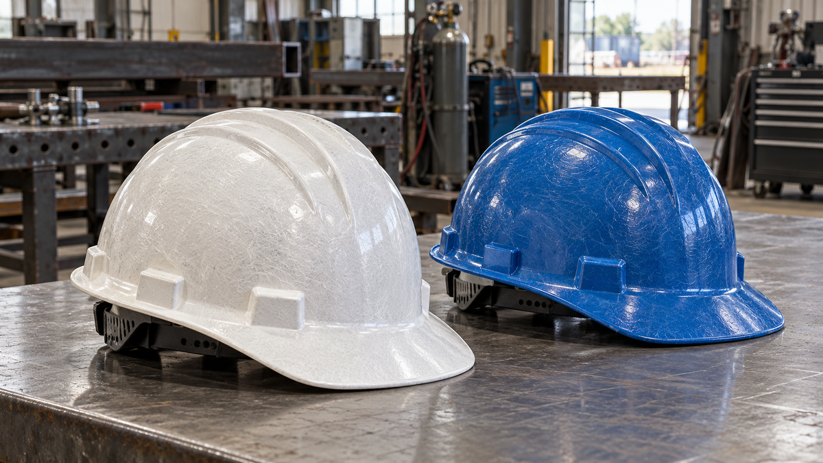 Two hard hats on a fabrication shop workbench