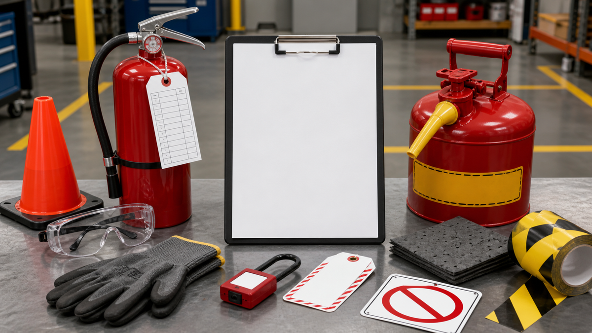 Fire prevention plan supplies including blank checklist, fire extinguisher inspection tag, flammable safety can, absorbent pads, safety glasses, gloves, lockout tag, warning sign, cone, and floor marking tape