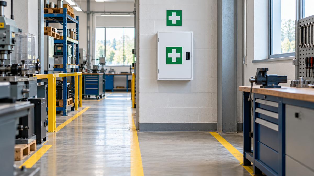 Clearly marked first aid cabinet beside an open workshop walkway