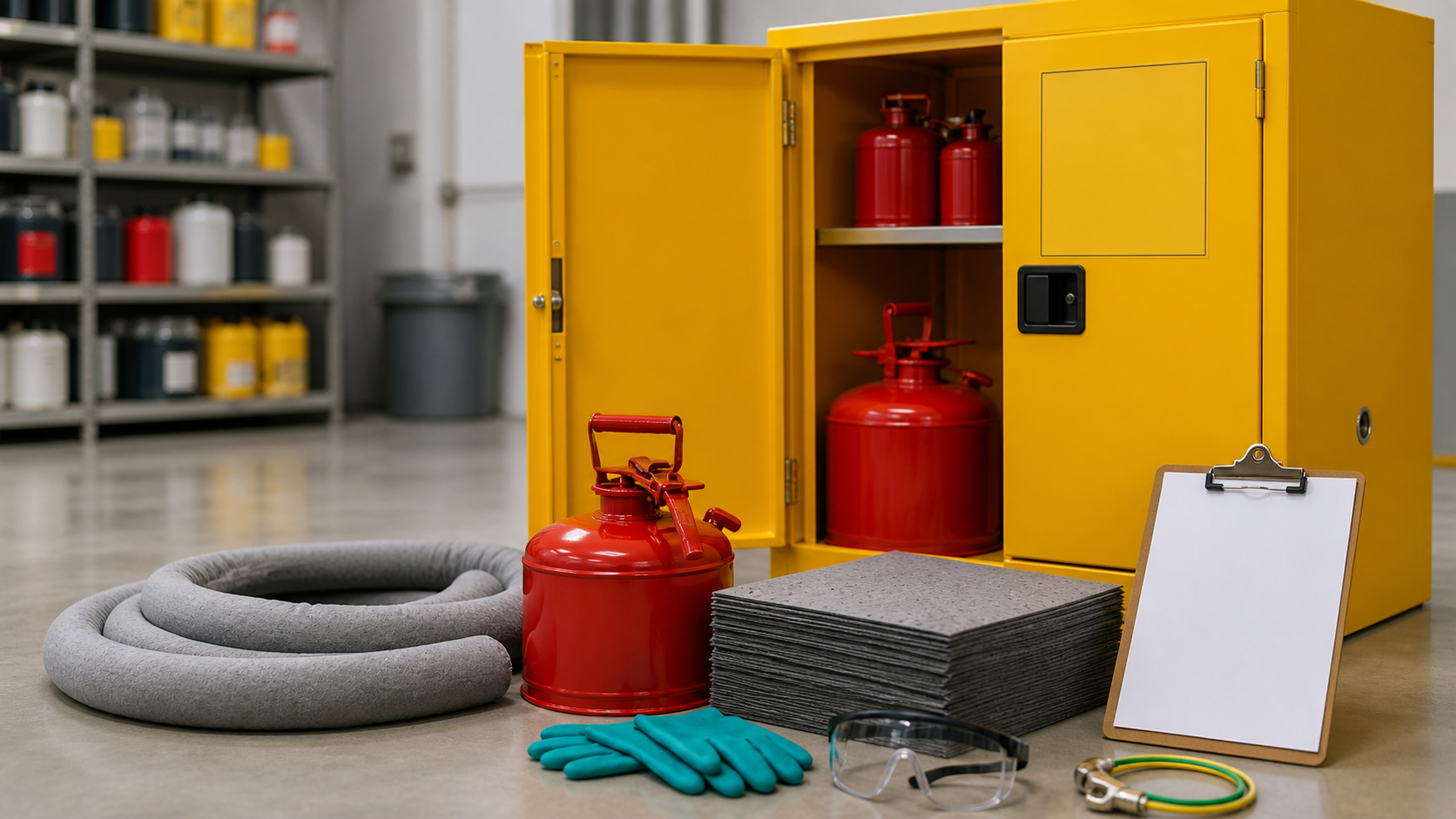Flammable storage cabinet, safety can, absorbent pads, spill socks, gloves, goggles, grounding cable, and inspection checklist