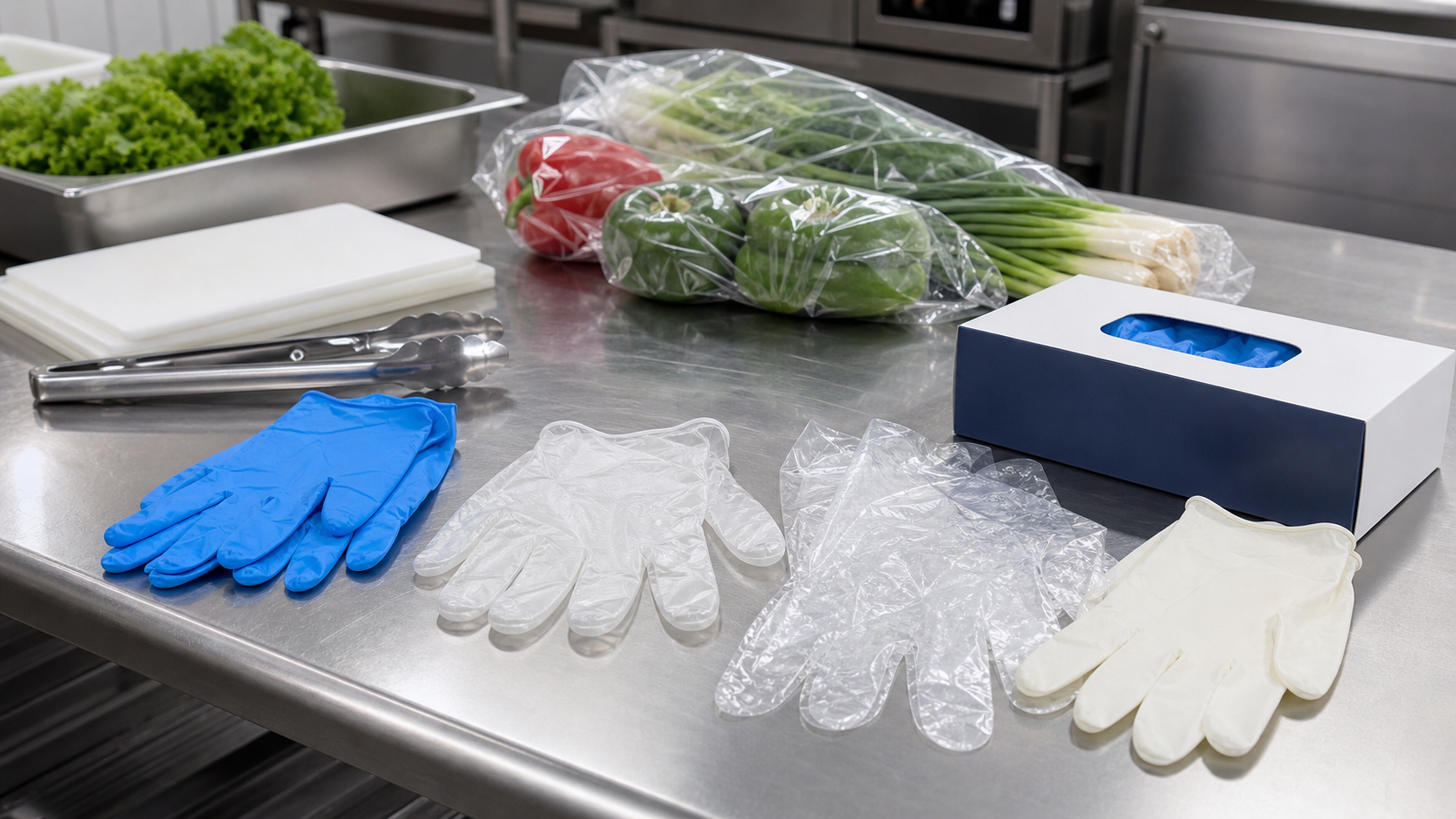 Food service gloves arranged near clean prep tools on a stainless food service work table