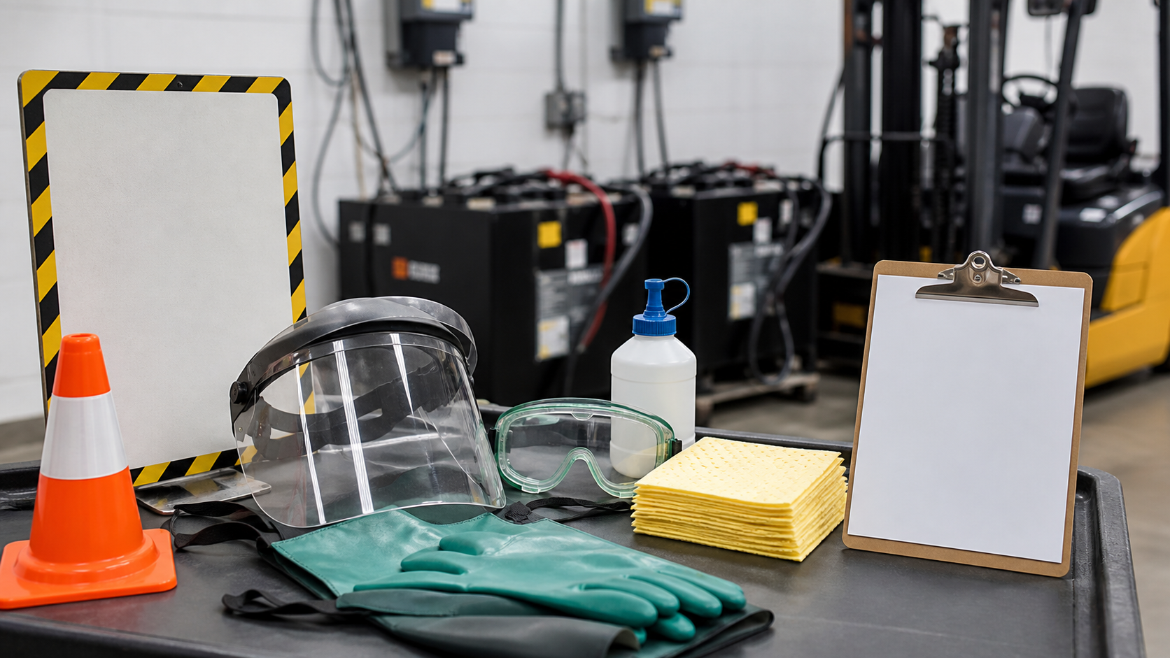 Forklift battery charging station supplies including face shield, chemical goggles, acid-resistant gloves, apron, eyewash bottle, absorbent pads, warning sign, cone, and checklist