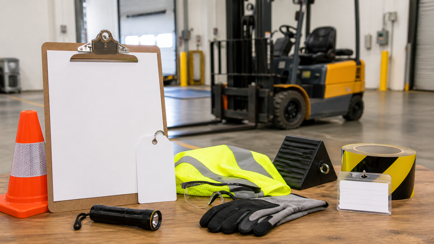 Forklift daily inspection supplies including blank checklist, inspection tag, cone, high-visibility vest, safety glasses, gloves, flashlight, wheel chock, floor marking tape, and tag holder