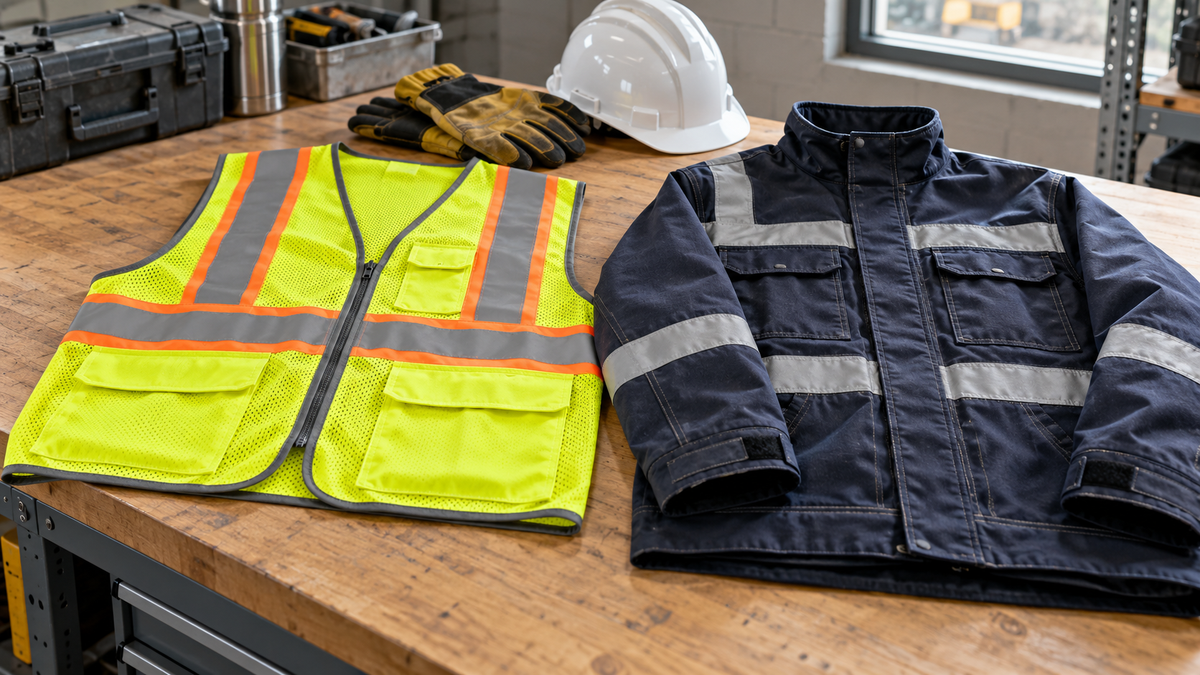 High-visibility work vest beside protective workwear on an equipment table