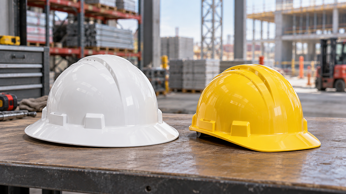 Full-brim and cap-style hard hats side by side on an industrial workbench
