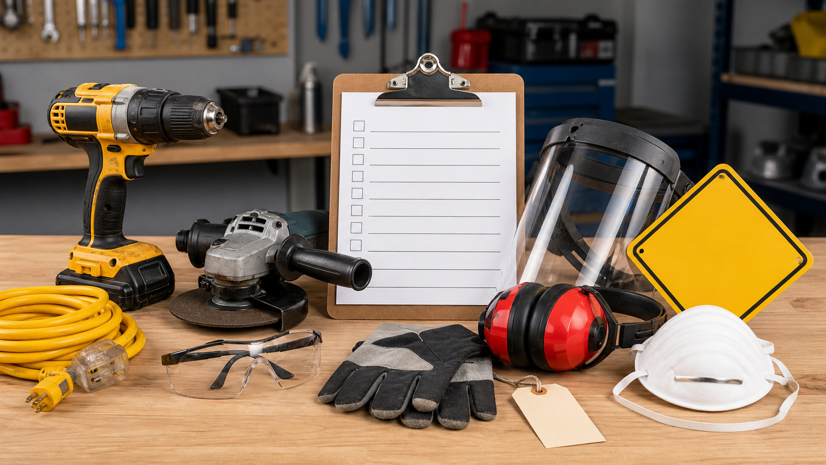 Hand and power tool safety supplies including cordless drill, guarded angle grinder, extension cord, safety glasses, face shield, gloves, hearing protection, dust mask, tag, and checklist