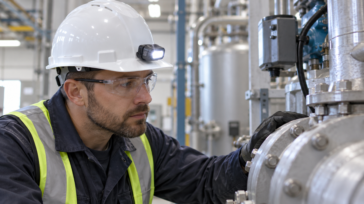 Maintenance worker wearing a hard hat with a mounted task light while inspecting equipment