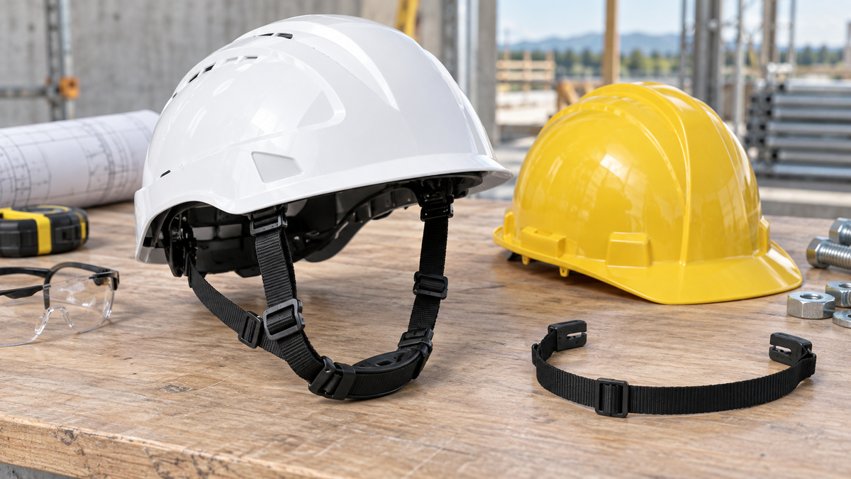 Safety helmet with an adjustable four-point chin strap on a clean construction workbench