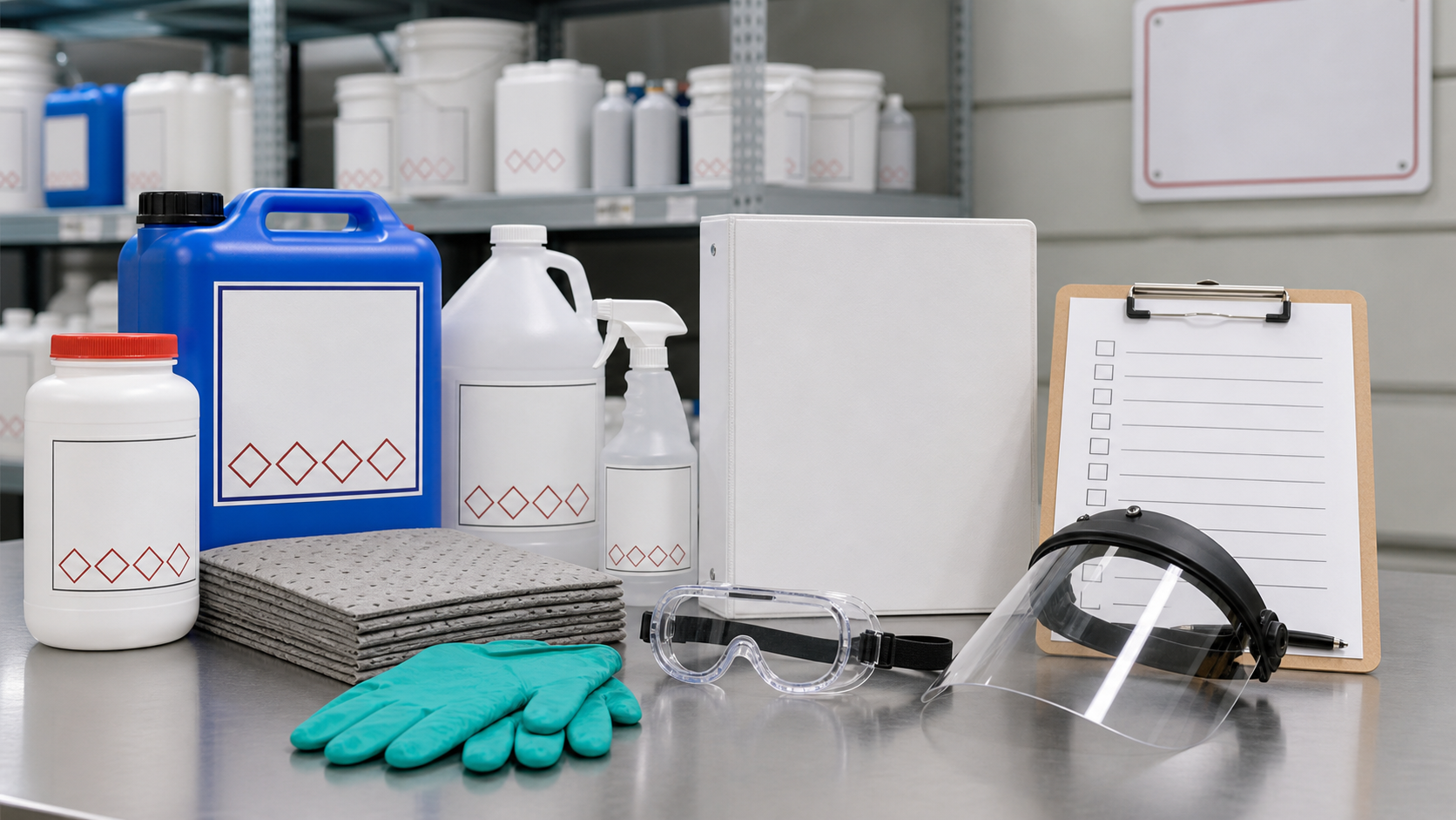 Hazard communication supplies including blank chemical labels, SDS binder, secondary container, nitrile gloves, goggles, face shield, absorbent pads, and checklist