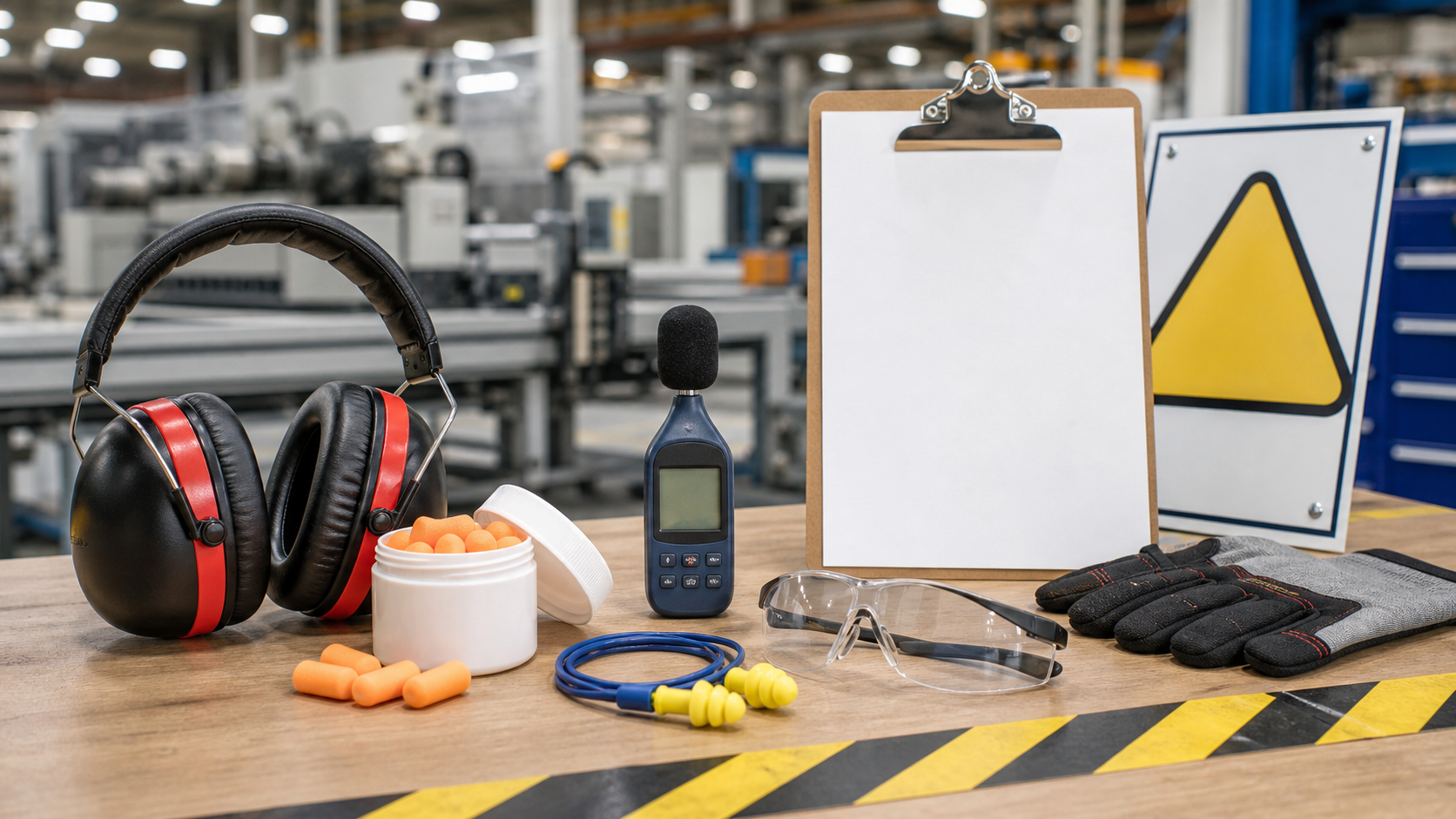 Hearing protection safety supplies including earmuffs, foam earplugs, corded earplugs, noise hazard sign, sound level meter, safety glasses, gloves, and checklist