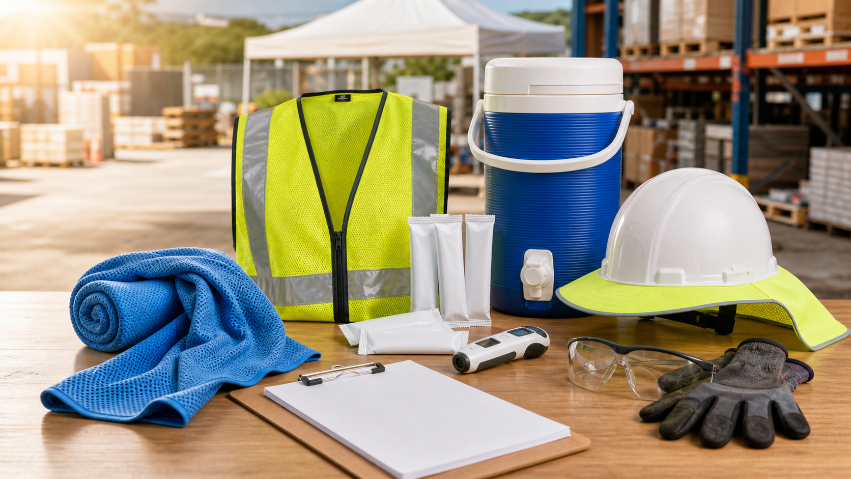 Heat stress prevention supplies including cooling vest, cooling towel, water cooler, hard hat shade, safety glasses, gloves, and checklist