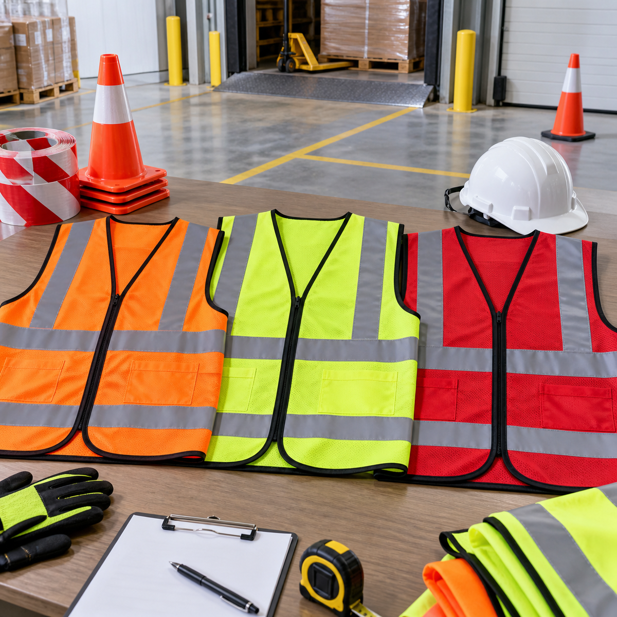 Orange, yellow-green, and red high-visibility safety vests with reflective striping arranged at a loading dock