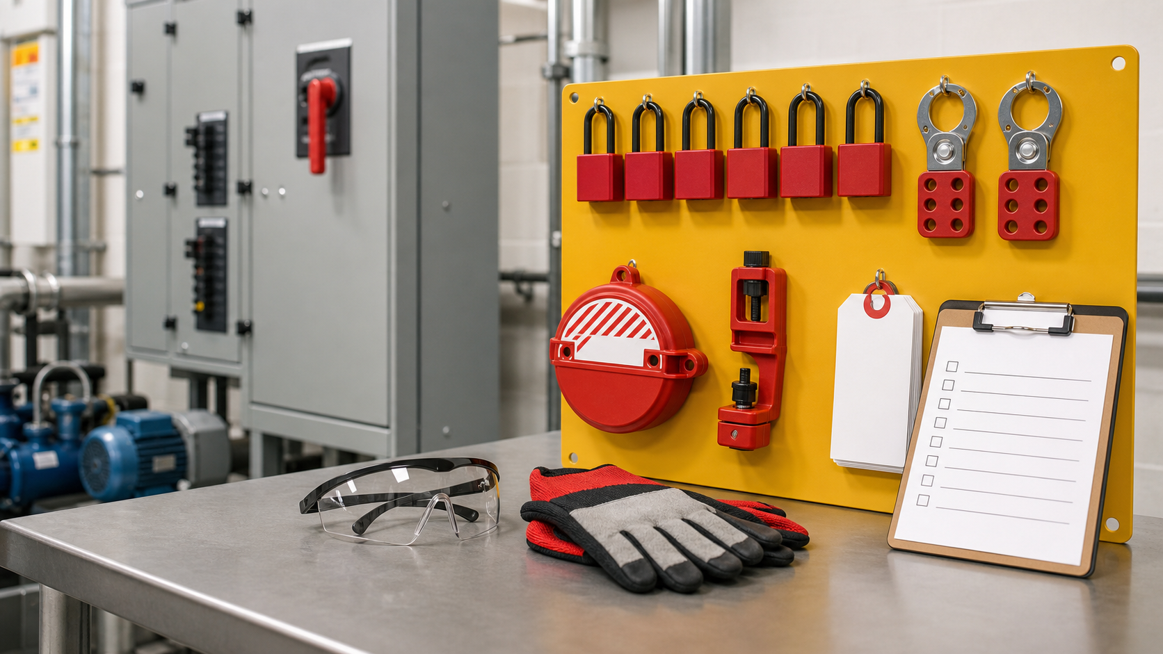 Lockout tagout station with red safety padlocks, hasps, valve and breaker lockout devices, blank tags, safety glasses, gloves, and energy-control checklist