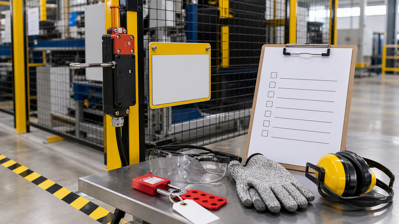Machine guarding safety supplies with fixed guard panel, PPE, lockout tag, floor marking, and checklist