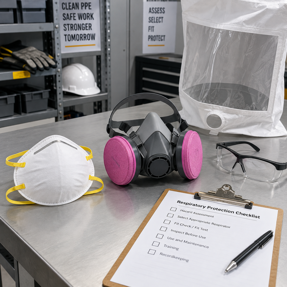 N95 filtering facepiece and reusable P100 respirator with fit test hood and respiratory protection checklist