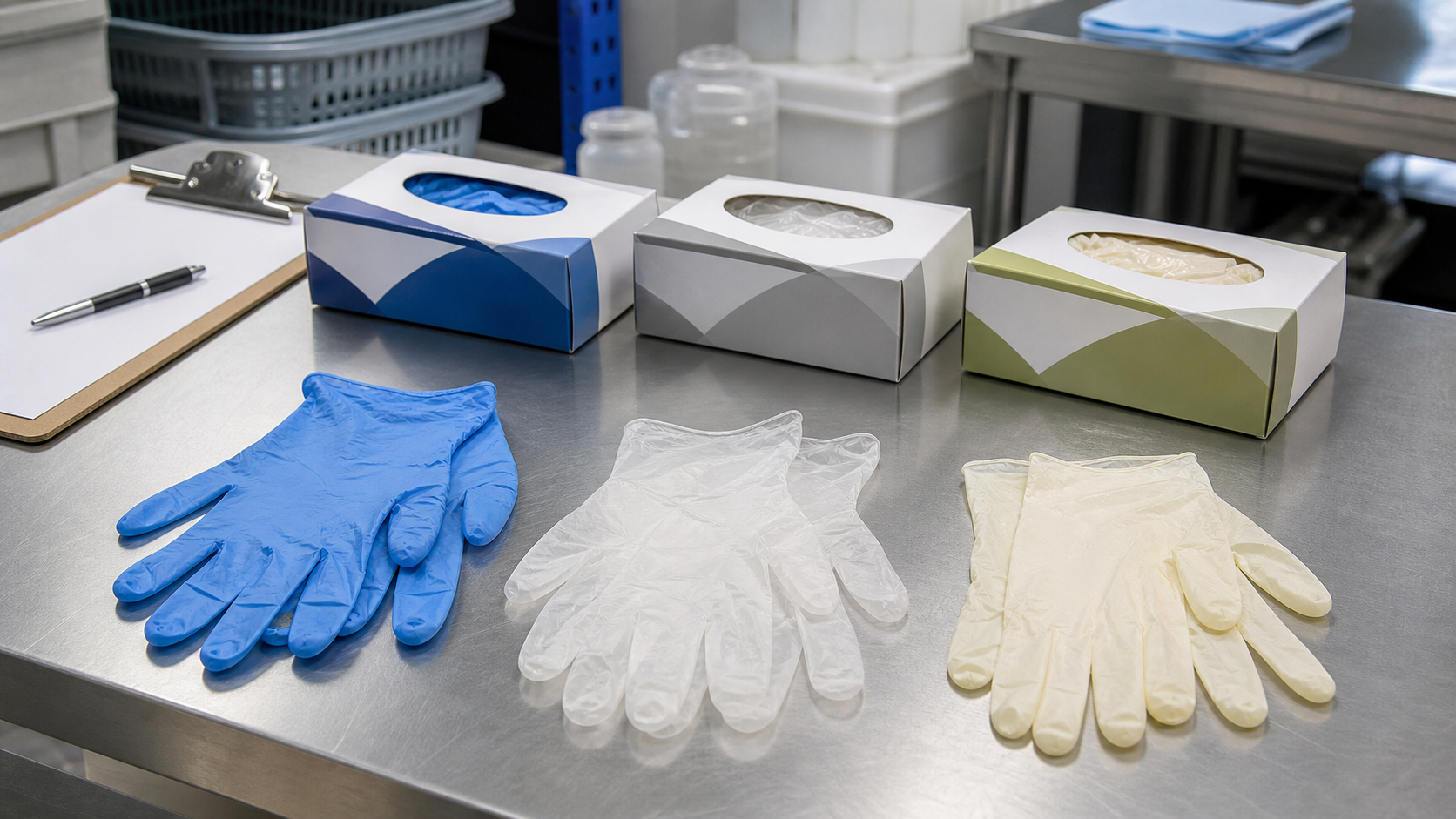 Nitrile, vinyl, and latex disposable gloves arranged on a clean workplace table for glove material comparison