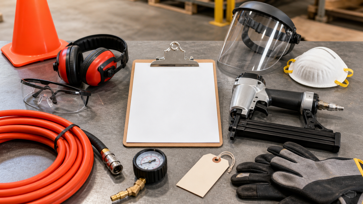 Pneumatic tool safety supplies including blank inspection checklist, air hose and coupler, pneumatic nailer, safety glasses, face shield, earmuffs, gloves, dust mask, pressure gauge, tag, and cone